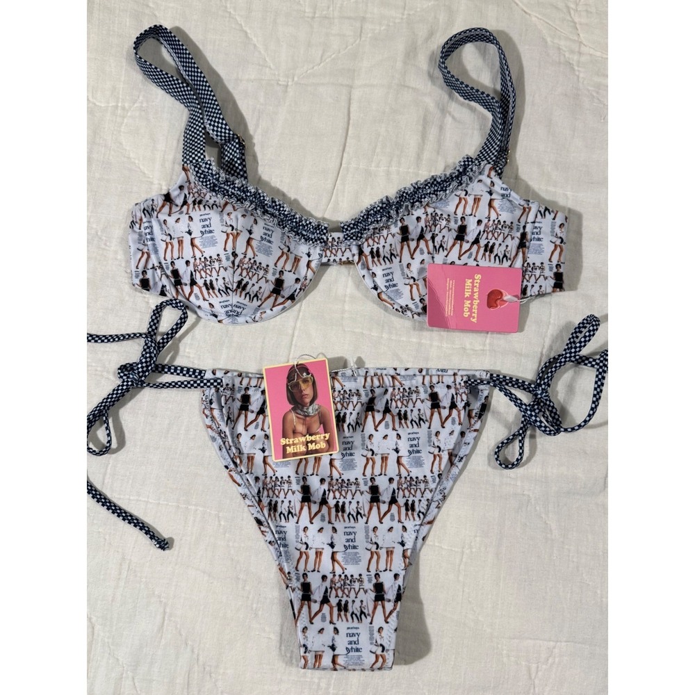 Strawberry Milk Mob Page 6 Newspaper Print Bikini Set Navy White Gingham L NWT